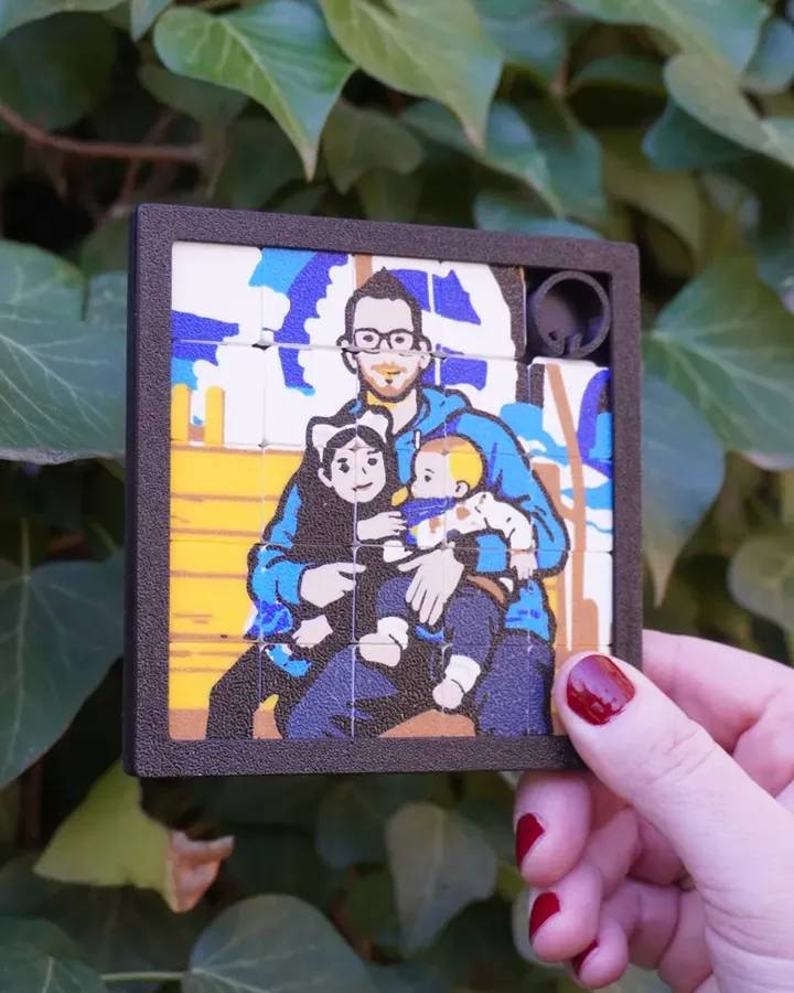Puzle 3D de un padre con sus hijos, regalo para papá, sobre una pared de hiedra